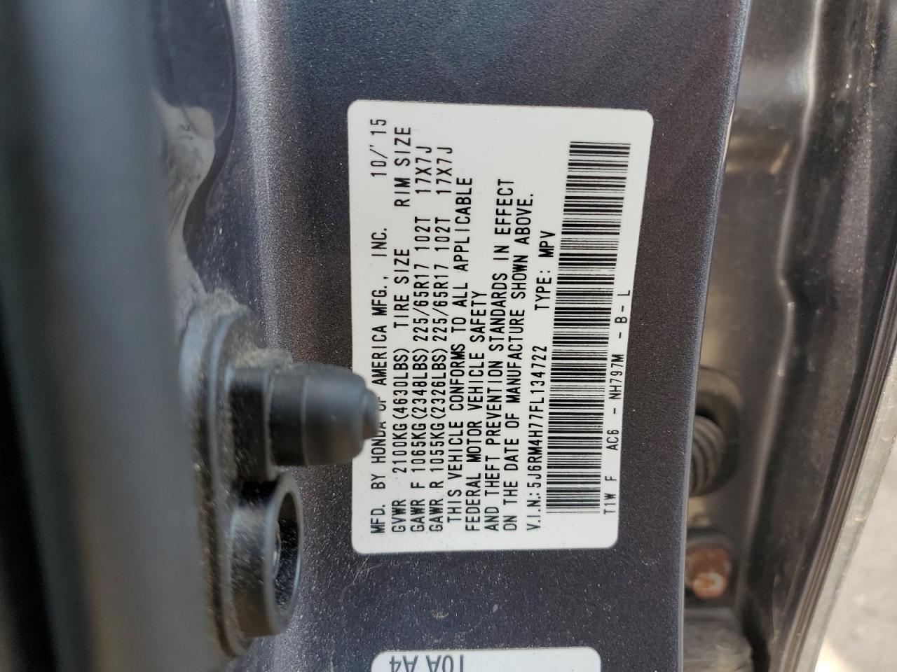 2015 Honda CR-V VIN 5J6RM4H77FL134722 Copart auction photo, rear end damage thumbnail 16