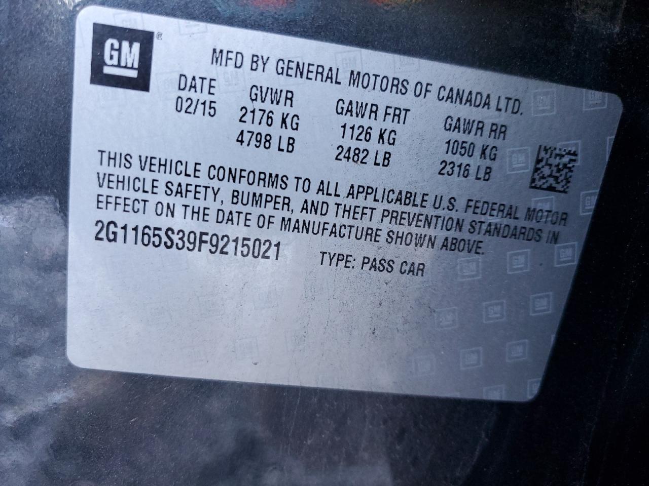 2015 Chevrolet Impala VIN 2G1165S39F9215021 Copart auction photo, rear end / front end damage thumbnail 14