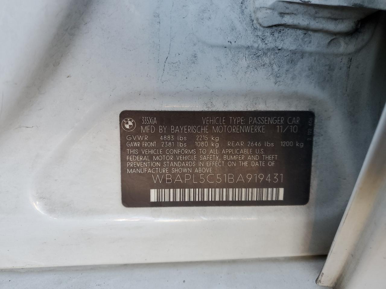 2011 BMW 3er VIN WBAPL5C51BA919431 Copart auction photo, rear end damage thumbnail 14