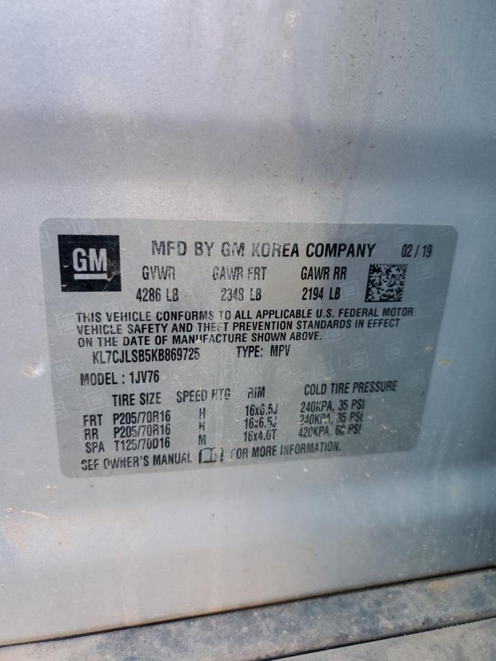 2019 Chevrolet Trax VIN KL7CJLSB5KB869725 Copart auction photo, rear end / minor dent/scratches damage thumbnail 13