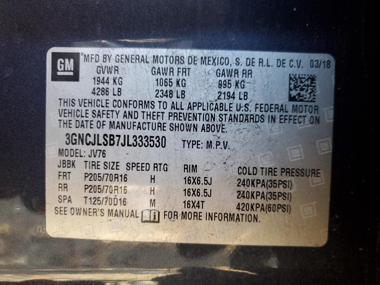 2018 Chevrolet Trax VIN 3GNCJLSB7JL333530 Copart auction photo, front end damage thumbnail 13