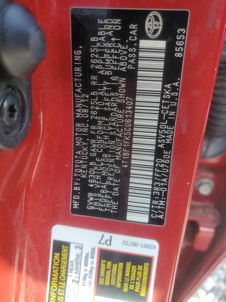 2012 Toyota Camry VIN 4T1BF1FK5CU613407 Copart auction photo, front end damage thumbnail 15