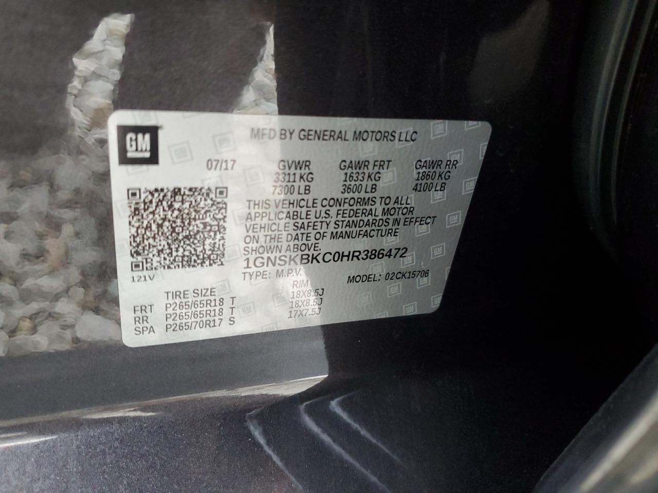 2017 Chevrolet Tahoe VIN 1GNSKBKC0HR386472 Copart auction photo, rear end damage thumbnail 13