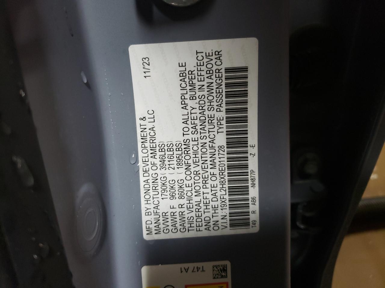 2024 Honda Civic VIN 19XFL2H8XRE011728 Copart auction photo, rear end damage thumbnail 13