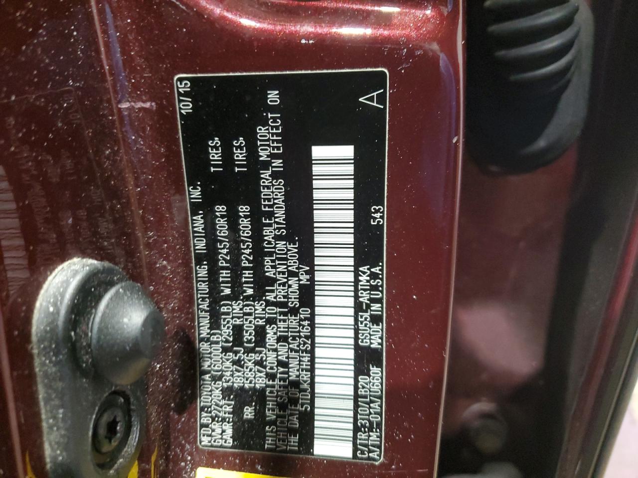 2015 Toyota Highlander VIN 5TDJKRFH4FS216410 Copart auction photo, front end / minor dent/scratches damage thumbnail 14