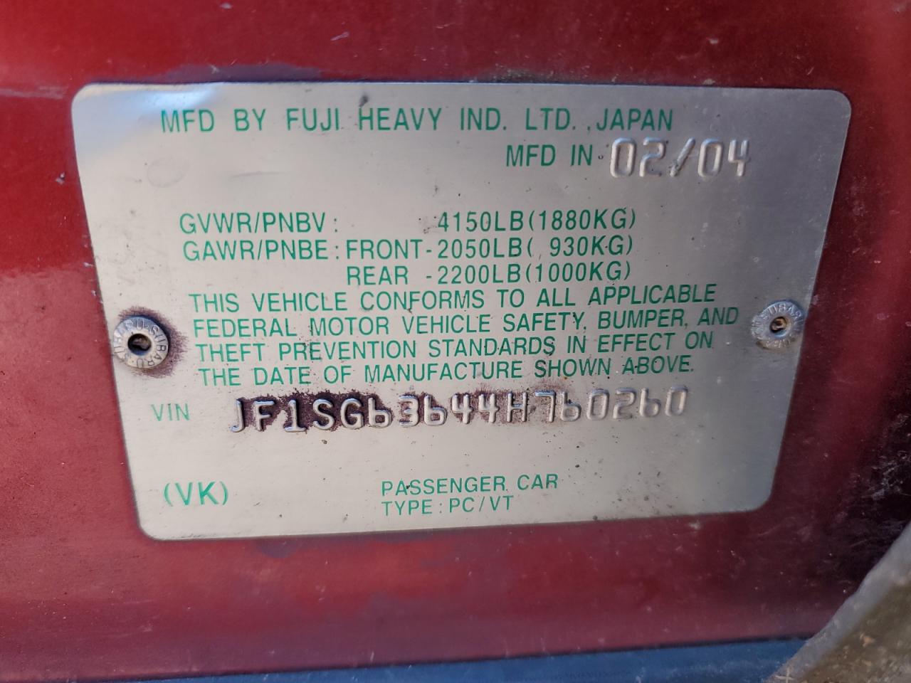 2004 Subaru Forester VIN JF1SG63644H760260 Copart auction photo, side / rear end damage thumbnail 12