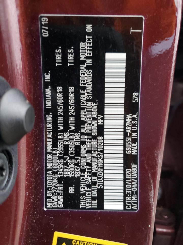 2019 Toyota Highlander VIN 5TDJZRFH6KS710208 Copart auction photo, front end / side damage thumbnail 14