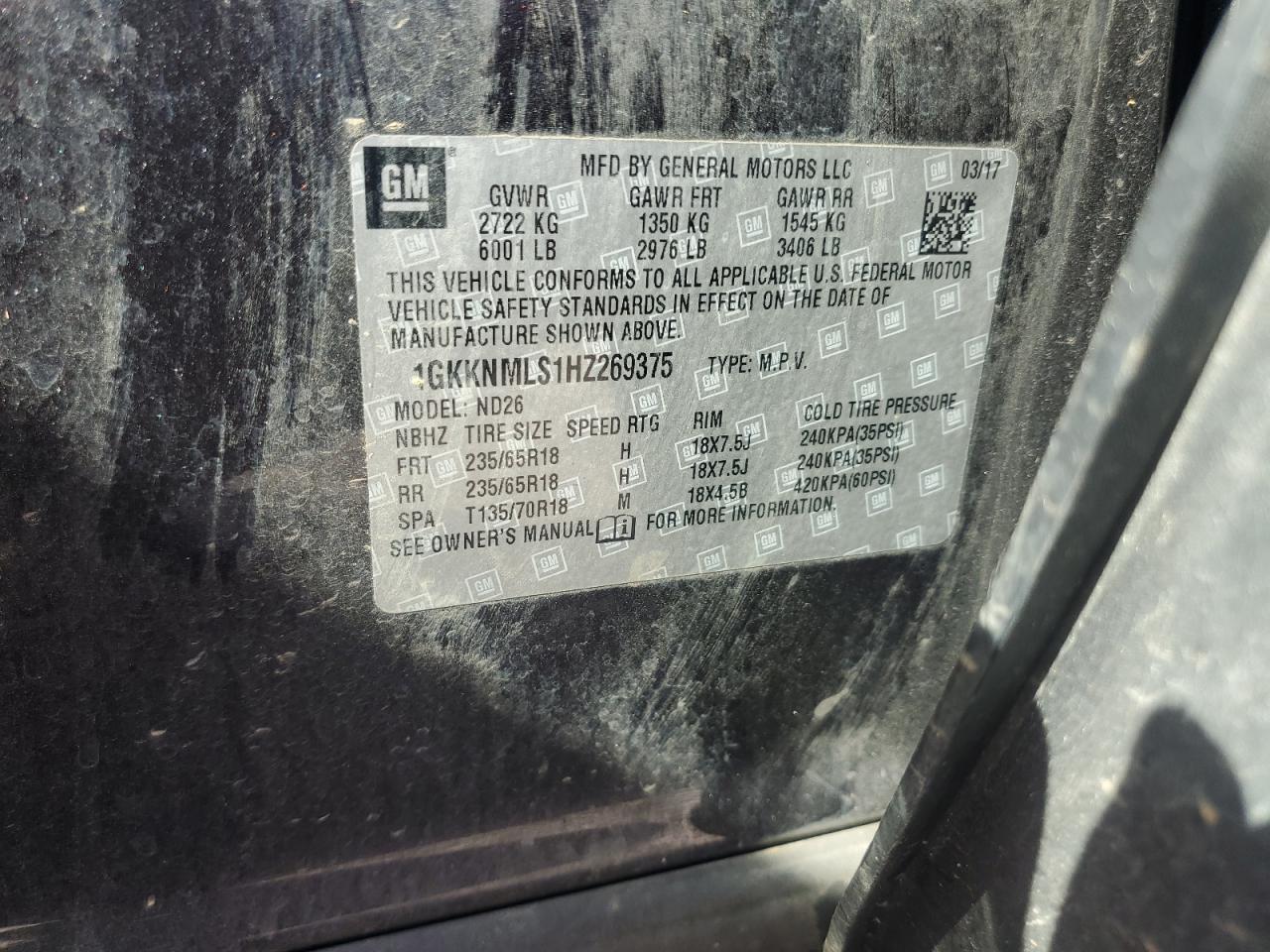 2017 GMC Acadia VIN 1GKKNMLS1HZ269375 Copart auction photo, rear end damage thumbnail 15