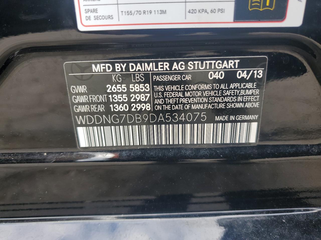 2013 Mercedes-Benz S-klasse VIN WDDNG7DB9DA534075 Copart auction photo, front end damage thumbnail 12