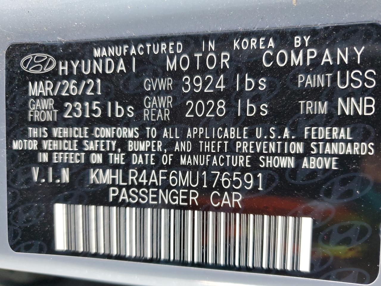 2021 Hyundai Elantra VIN KMHLR4AF6MU176591 Copart auction photo, rear end damage thumbnail 12