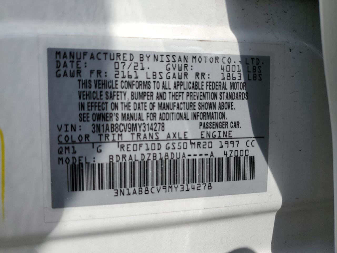 2021 Nissan Sentra VIN 3N1AB8CV9MY314278 Copart auction photo, side damage thumbnail 12