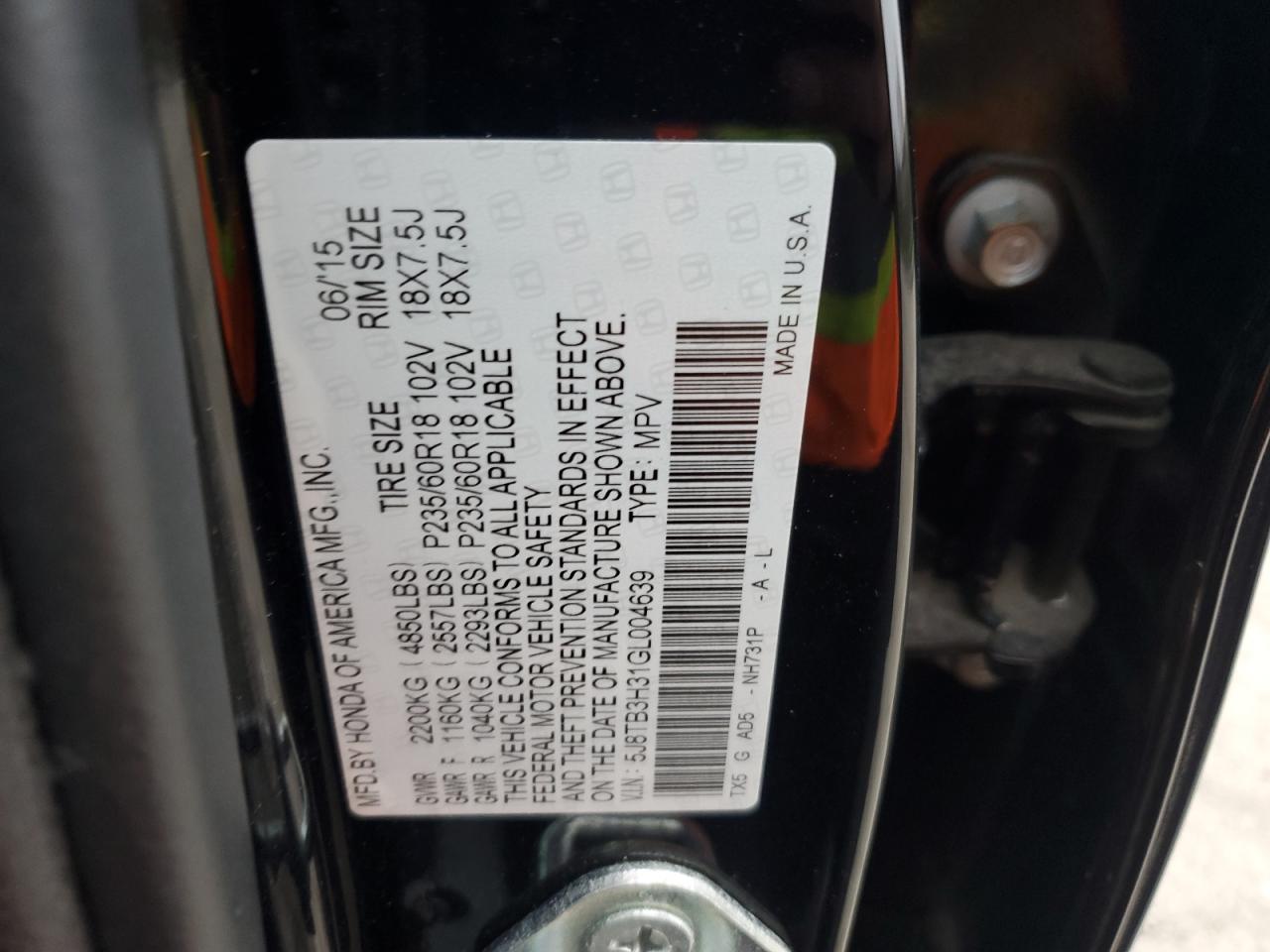 2016 Acura RDX VIN 5J8TB3H31GL004639 Copart auction photo, front end / minor dent/scratches damage thumbnail 13