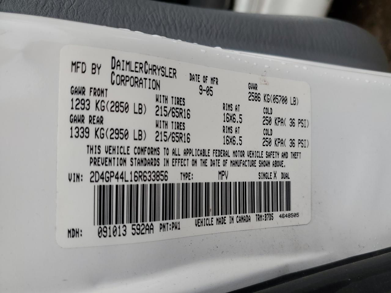 2006 Dodge Caravan VIN 2D4GP44L16R633856 Copart auction photo, side damage thumbnail 15