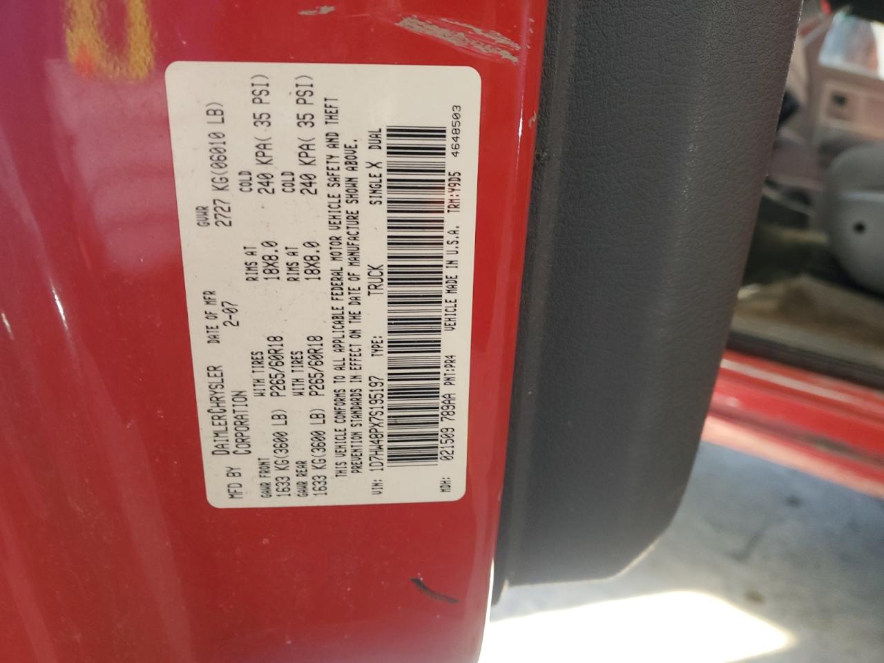 2007 Dodge Dakota VIN 1D7HW48PX7S195197 Copart auction photo, undercarriage damage thumbnail 14