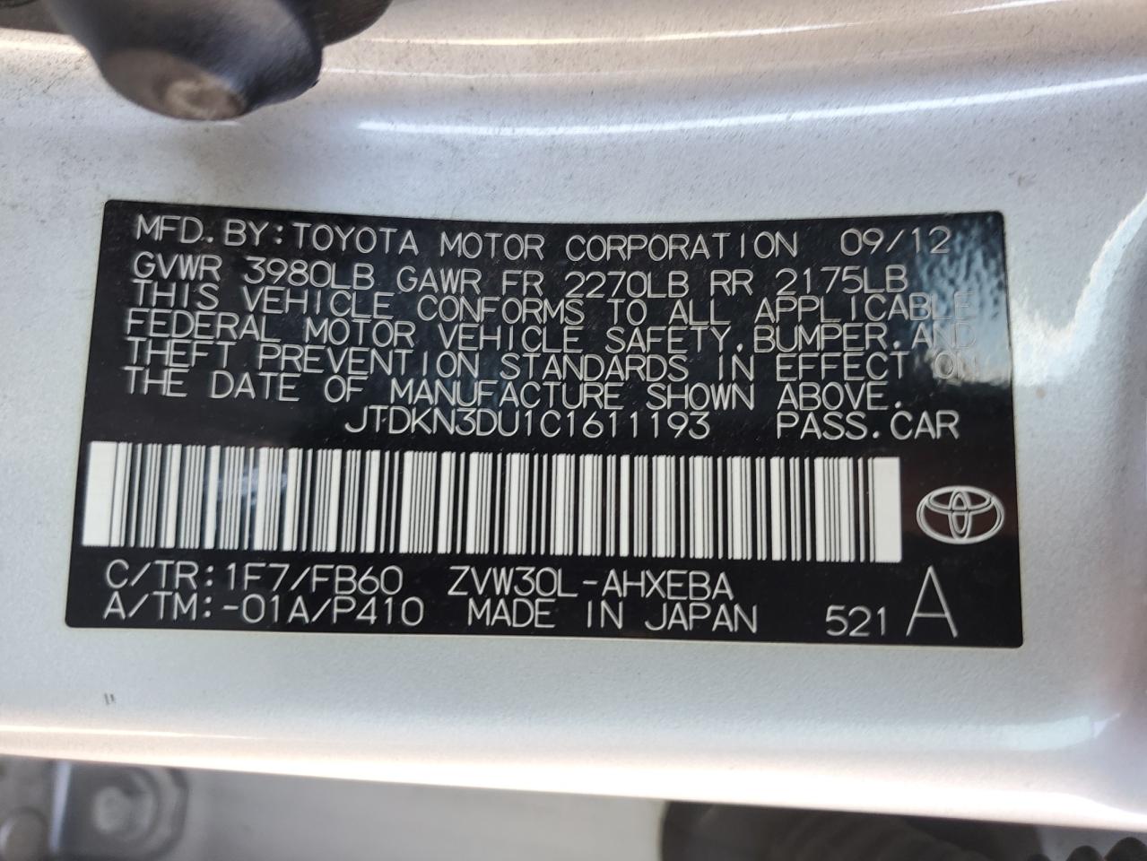 2012 Toyota Prius VIN JTDKN3DU1C1611193 Copart auction photo, front end / rear end damage thumbnail 12