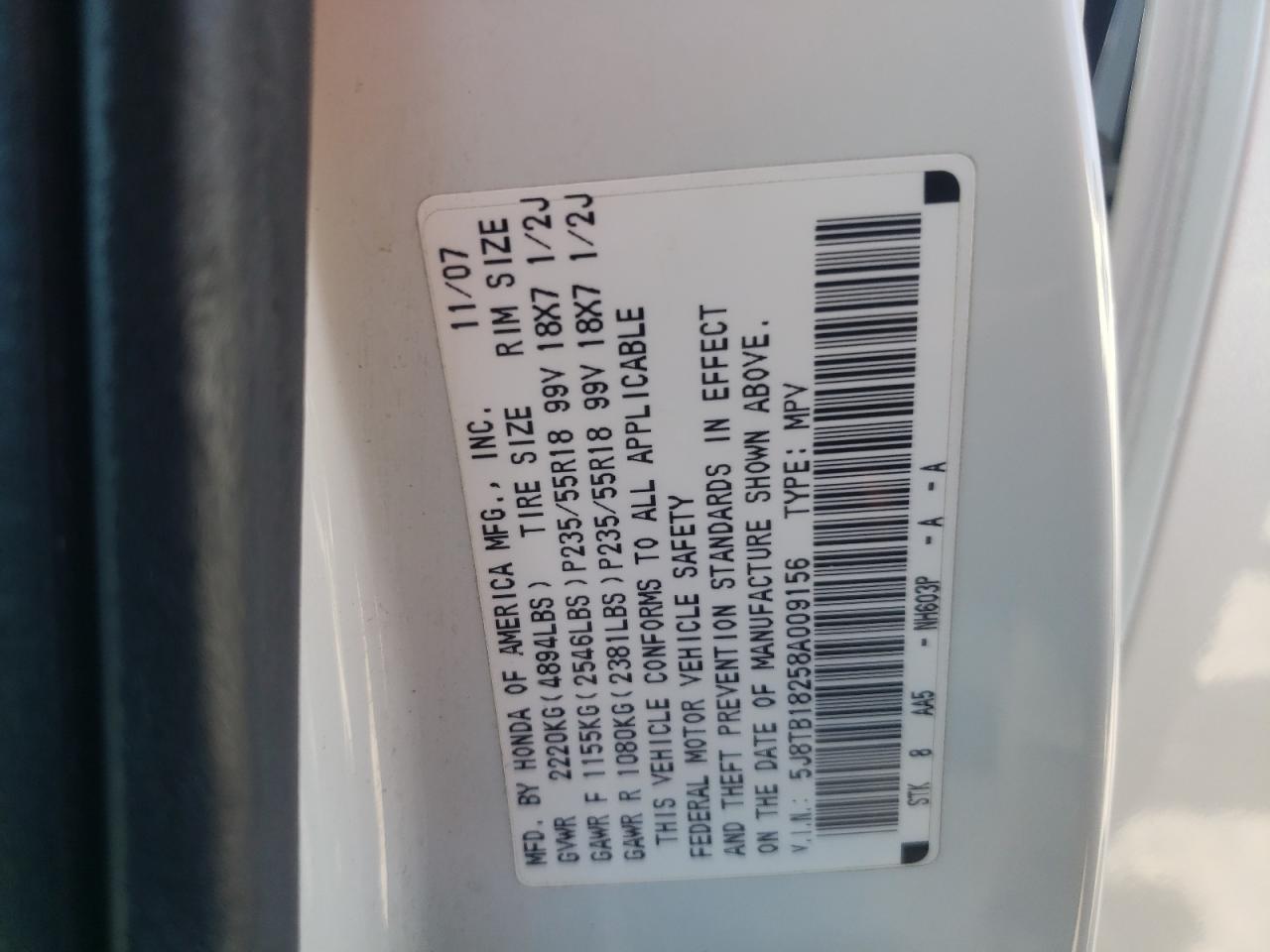 2008 Acura RDX VIN 5J8TB18258A009156 Copart auction photo, rear end damage thumbnail 13