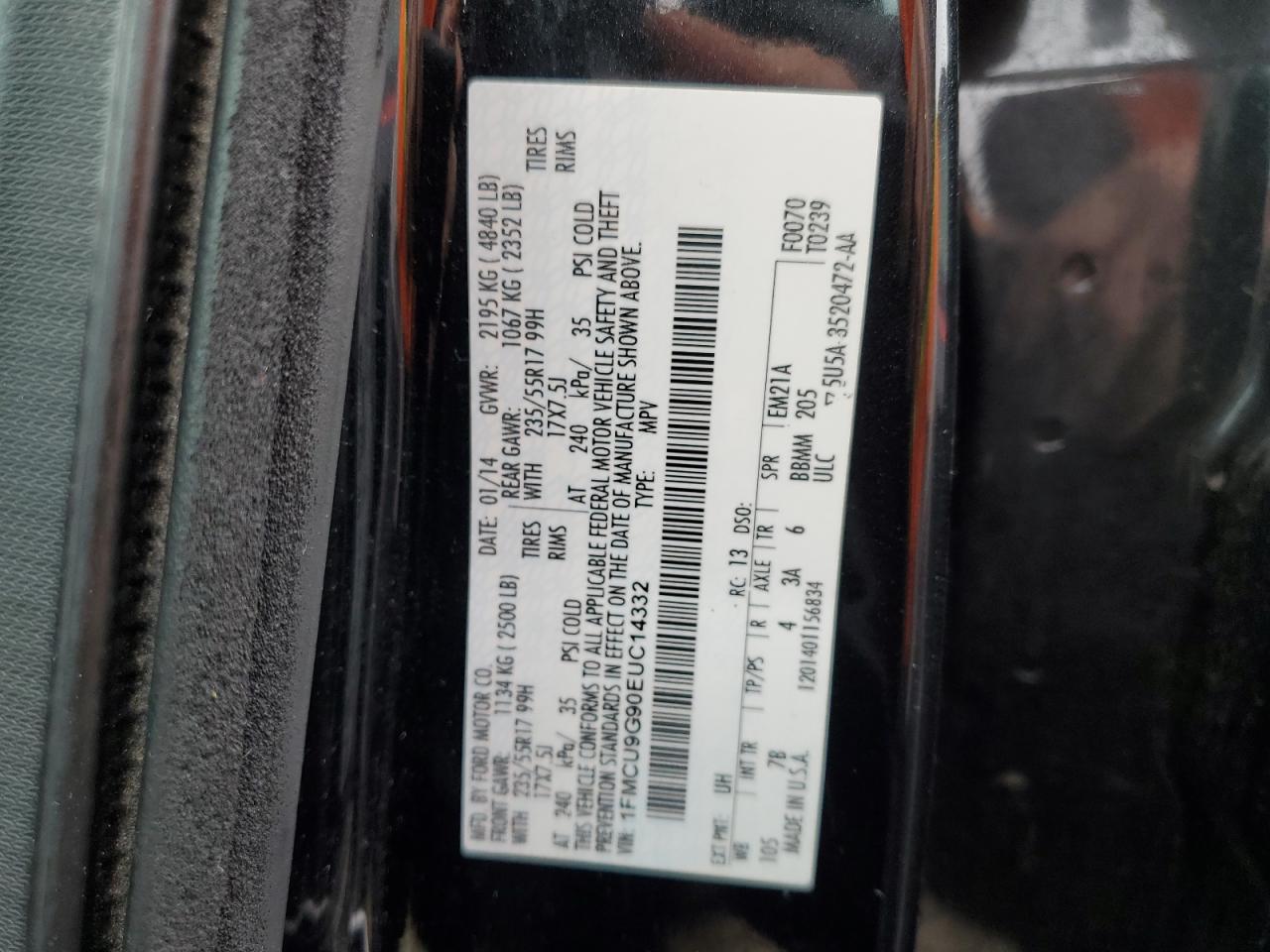 2014 Ford Escape VIN 1FMCU9G90EUC14332 Copart auction photo, rear end damage thumbnail 12