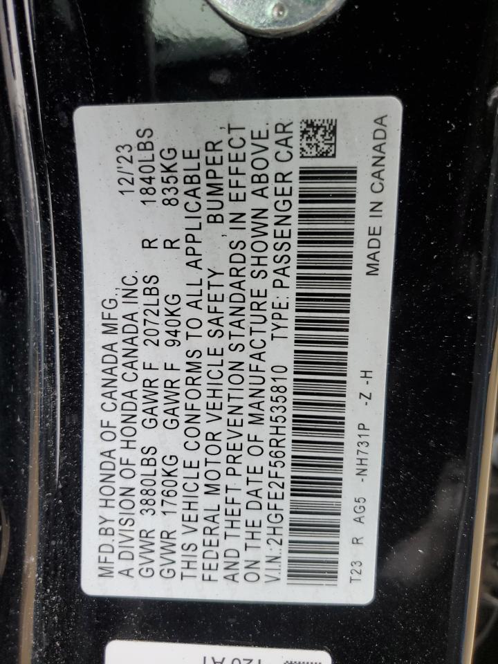 2024 Honda Civic VIN 2HGFE2F56RH535810 Copart auction photo, front end damage thumbnail 12