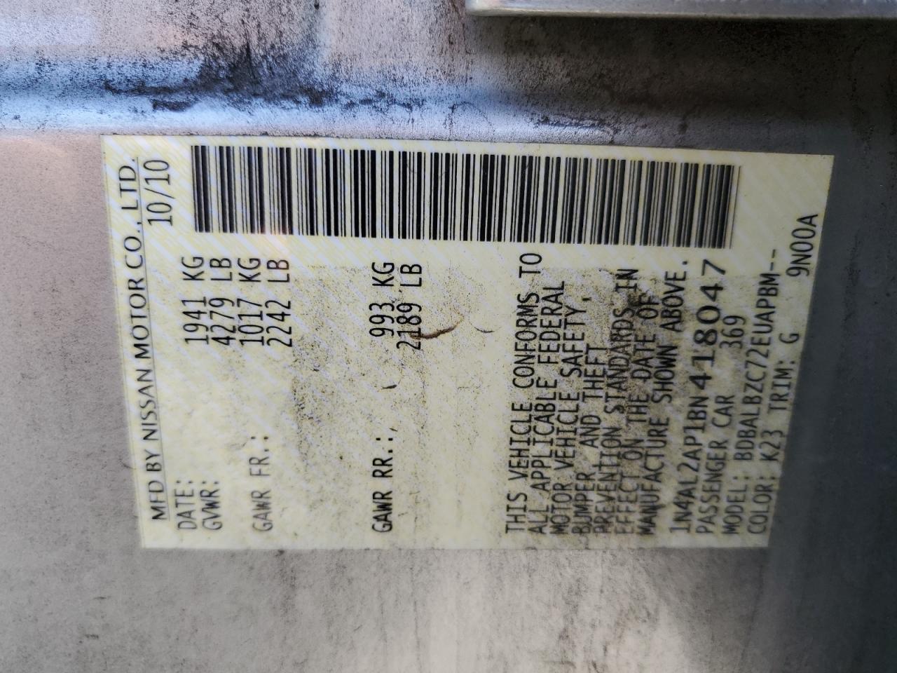 2011 Nissan Altima VIN 1N4AL2AP1BN418047 Copart auction photo, rear end damage thumbnail 12