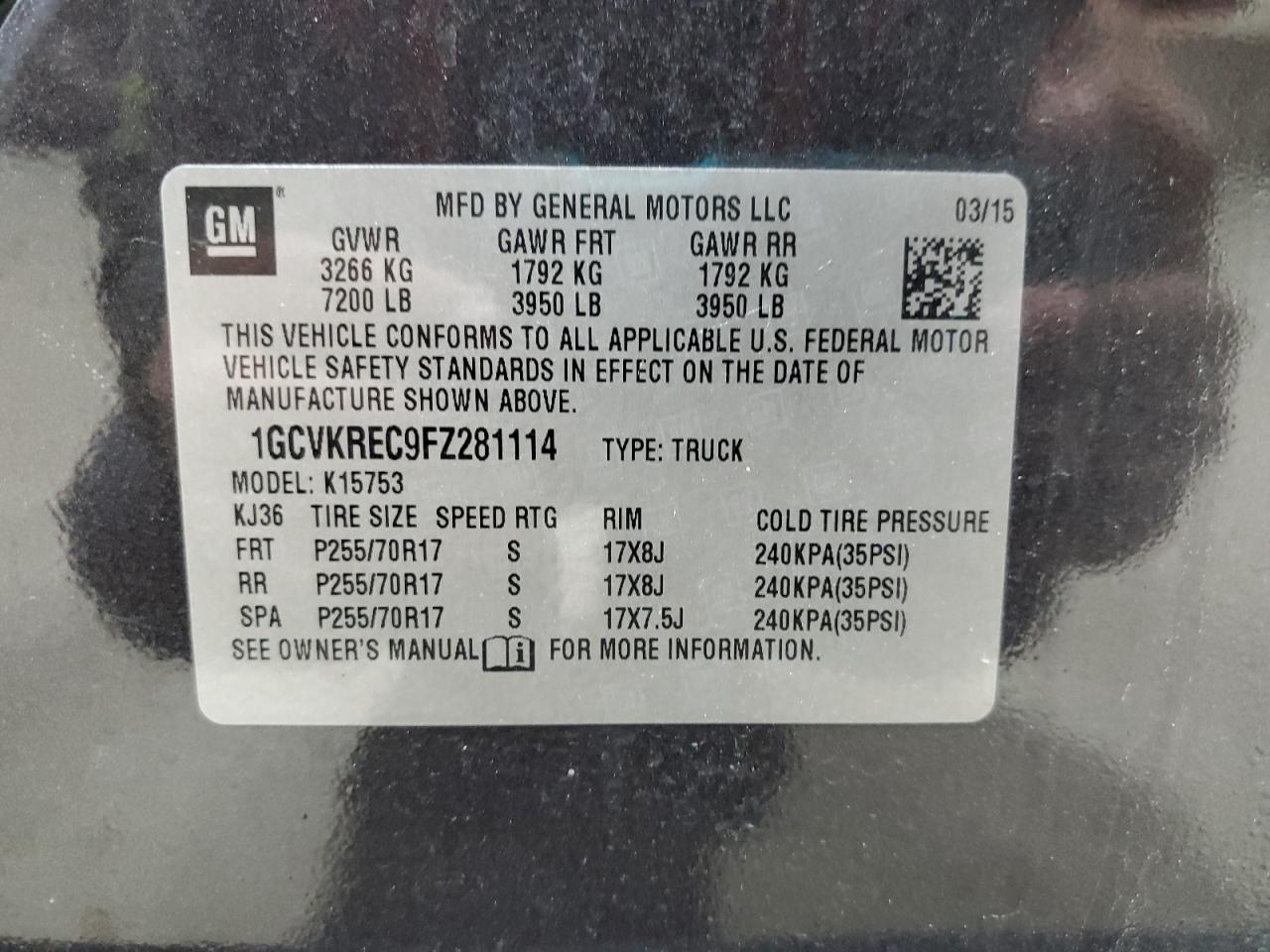2015 Chevrolet Silverado VIN 1GCVKREC9FZ281114 Copart auction photo, rear end / side damage thumbnail 12