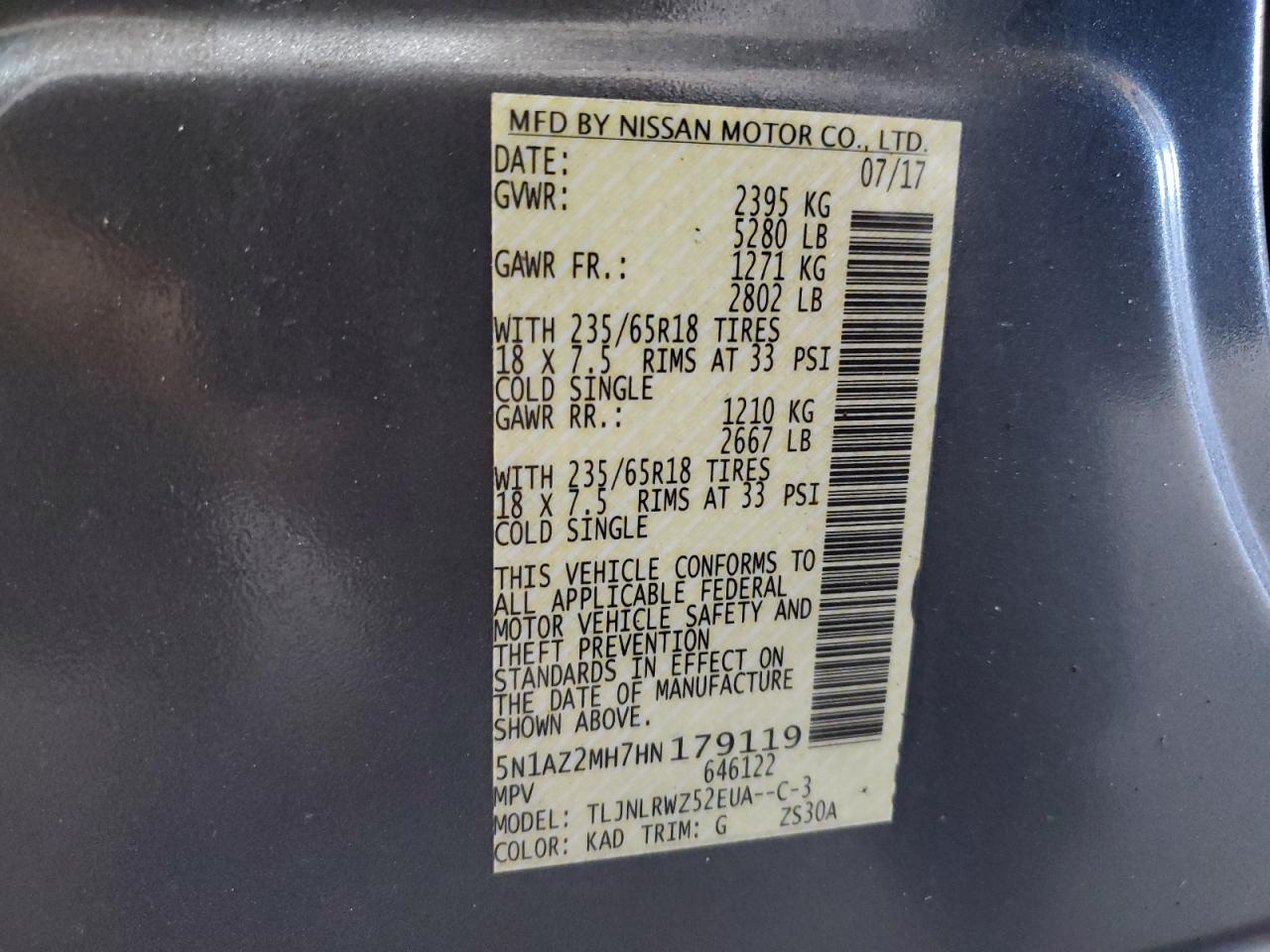 2017 Nissan Murano VIN 5N1AZ2MH7HN179119 Copart auction photo, front end / undercarriage damage thumbnail 16