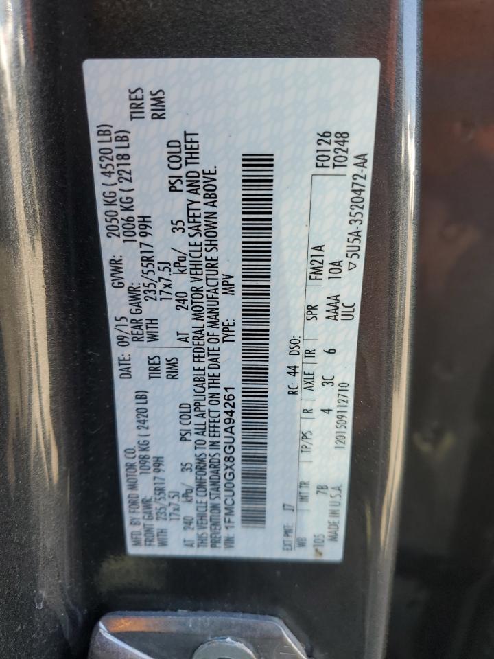 2016 Ford Escape VIN 1FMCU0GX8GUA94261 Copart auction photo, mechanical / front end damage thumbnail 13