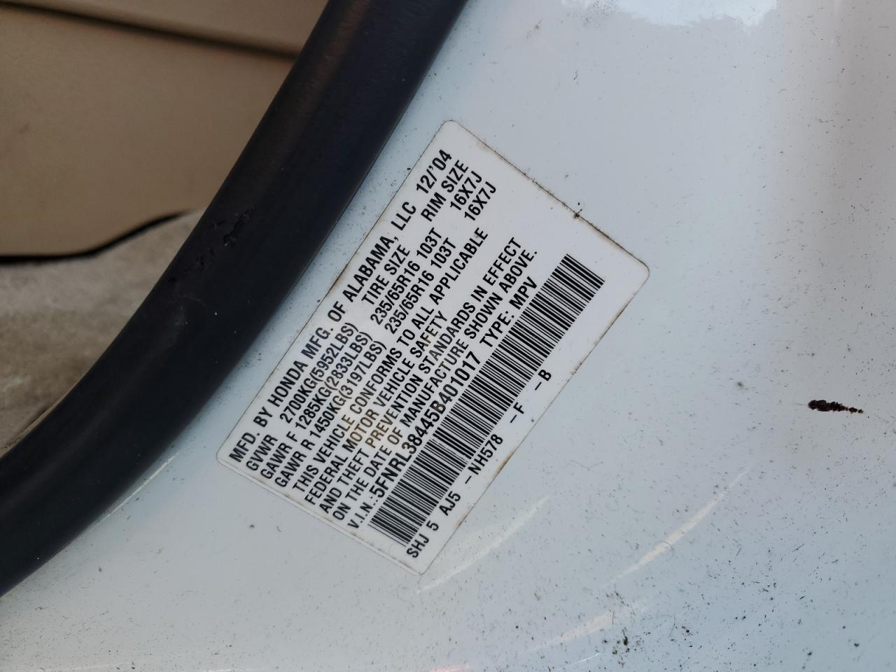 2005 Honda Odyssey VIN 5FNRL38445B401017 Copart auction photo, front end damage thumbnail 14