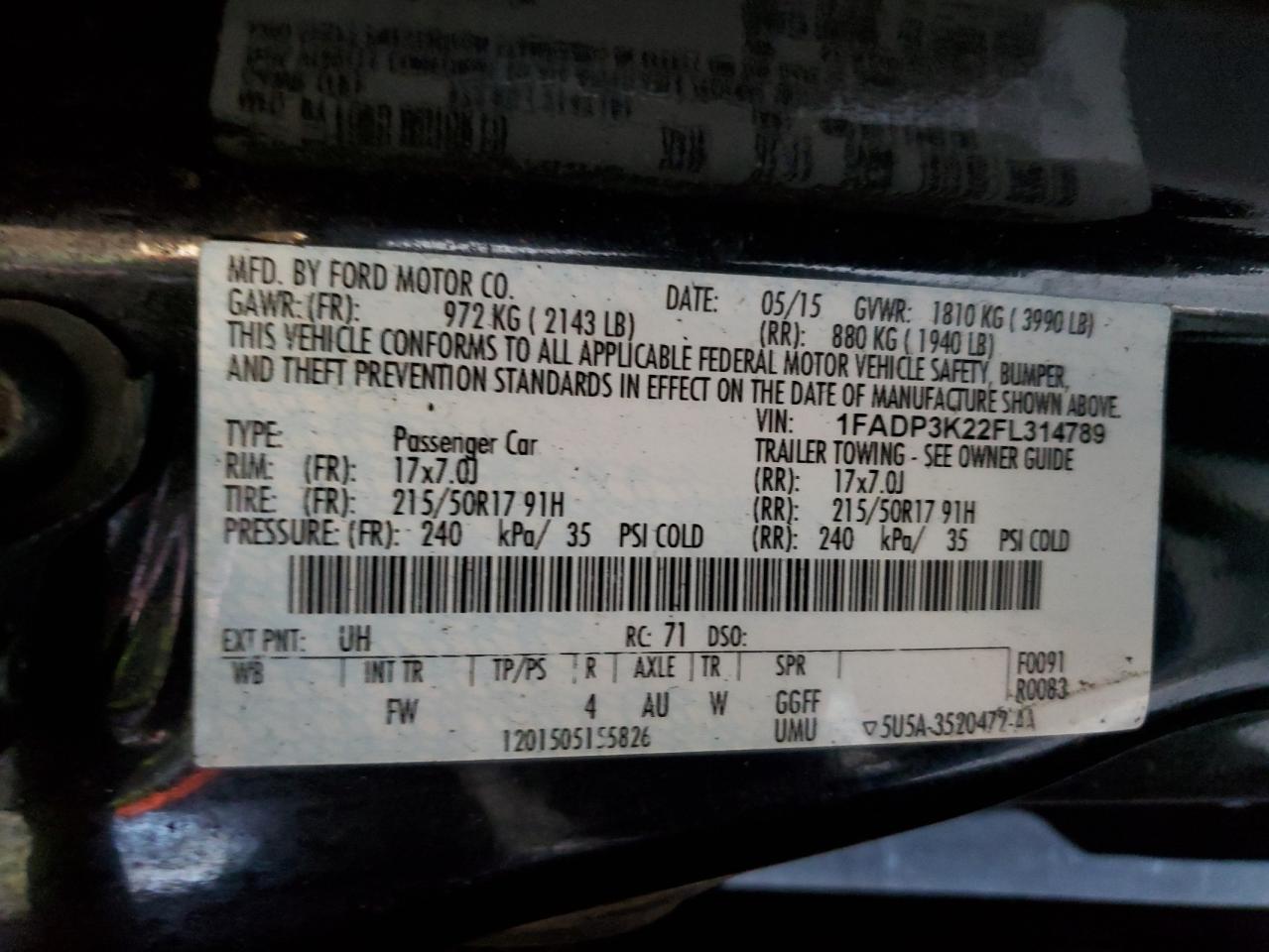 2015 Ford Focus VIN 1FADP3K22FL314789 Copart auction photo, burn - interior damage thumbnail 12