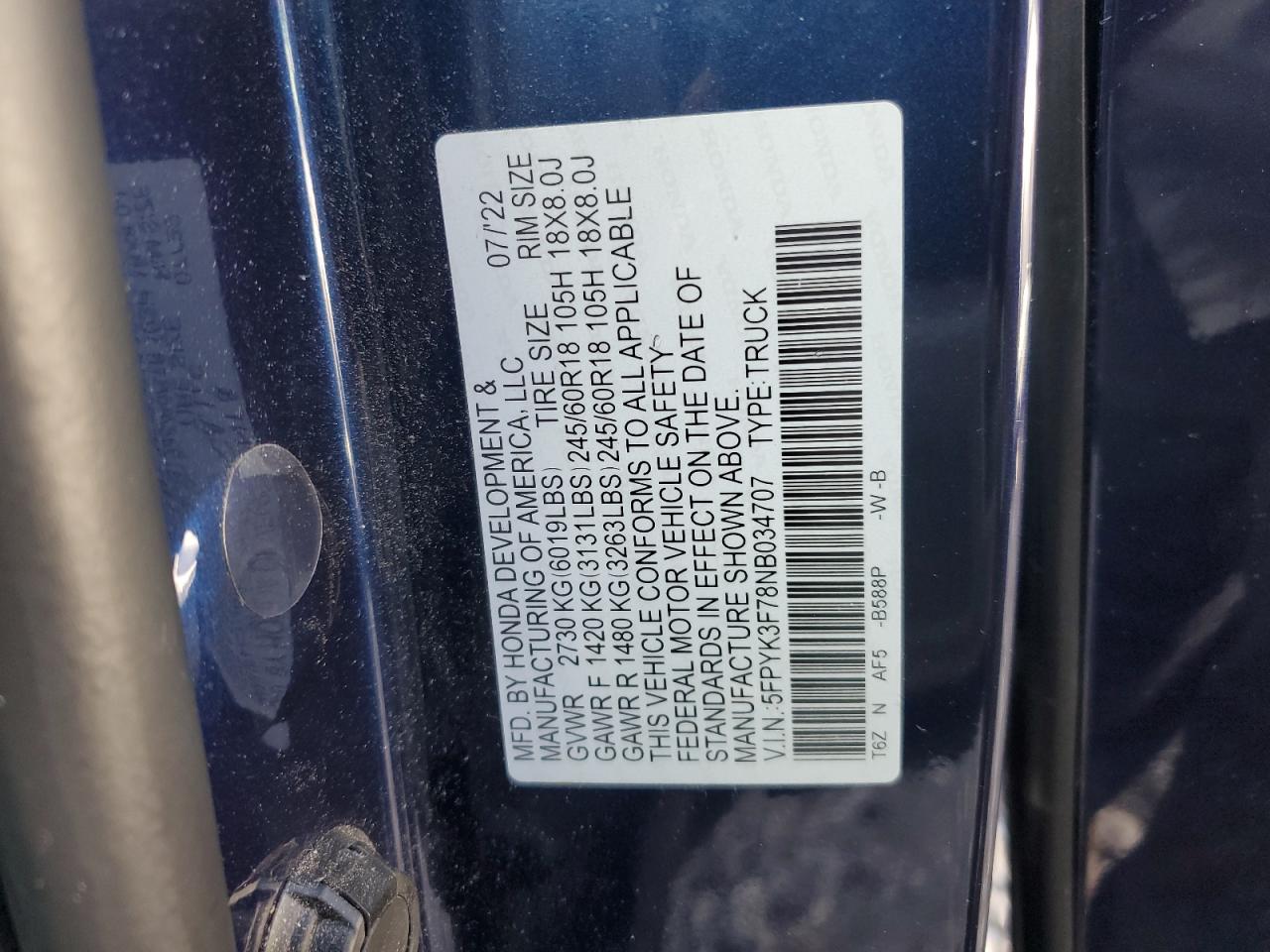 2022 Honda Ridgeline VIN 5FPYK3F78NB034707 Copart auction photo, side damage thumbnail 12