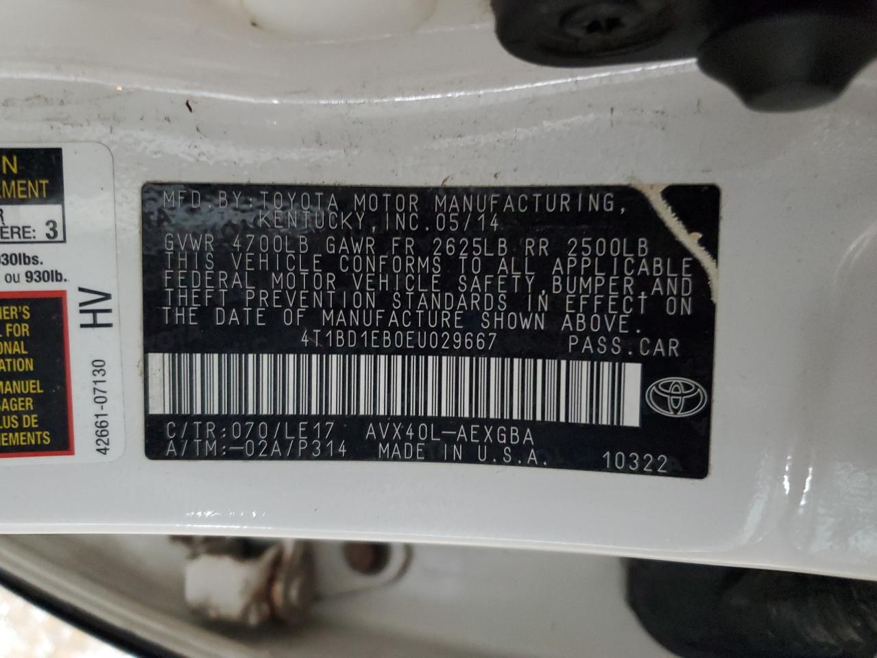 2014 Toyota Avalon VIN 4T1BD1EB0EU029667 Copart auction photo, front end damage thumbnail 12