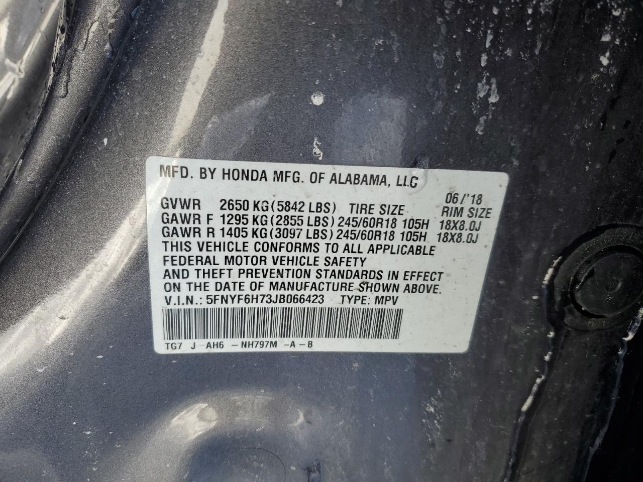 2018 Honda Pilot VIN 5FNYF6H73JB066423 Copart auction photo, side damage thumbnail 13