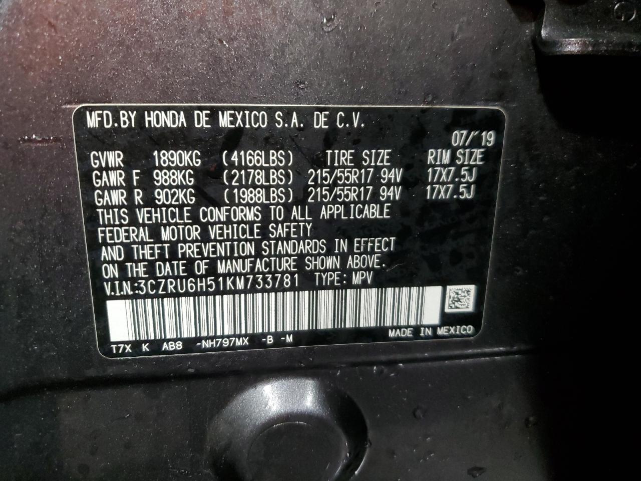 2019 Honda HR-V VIN 3CZRU6H51KM733781 Copart auction photo, front end damage thumbnail 16
