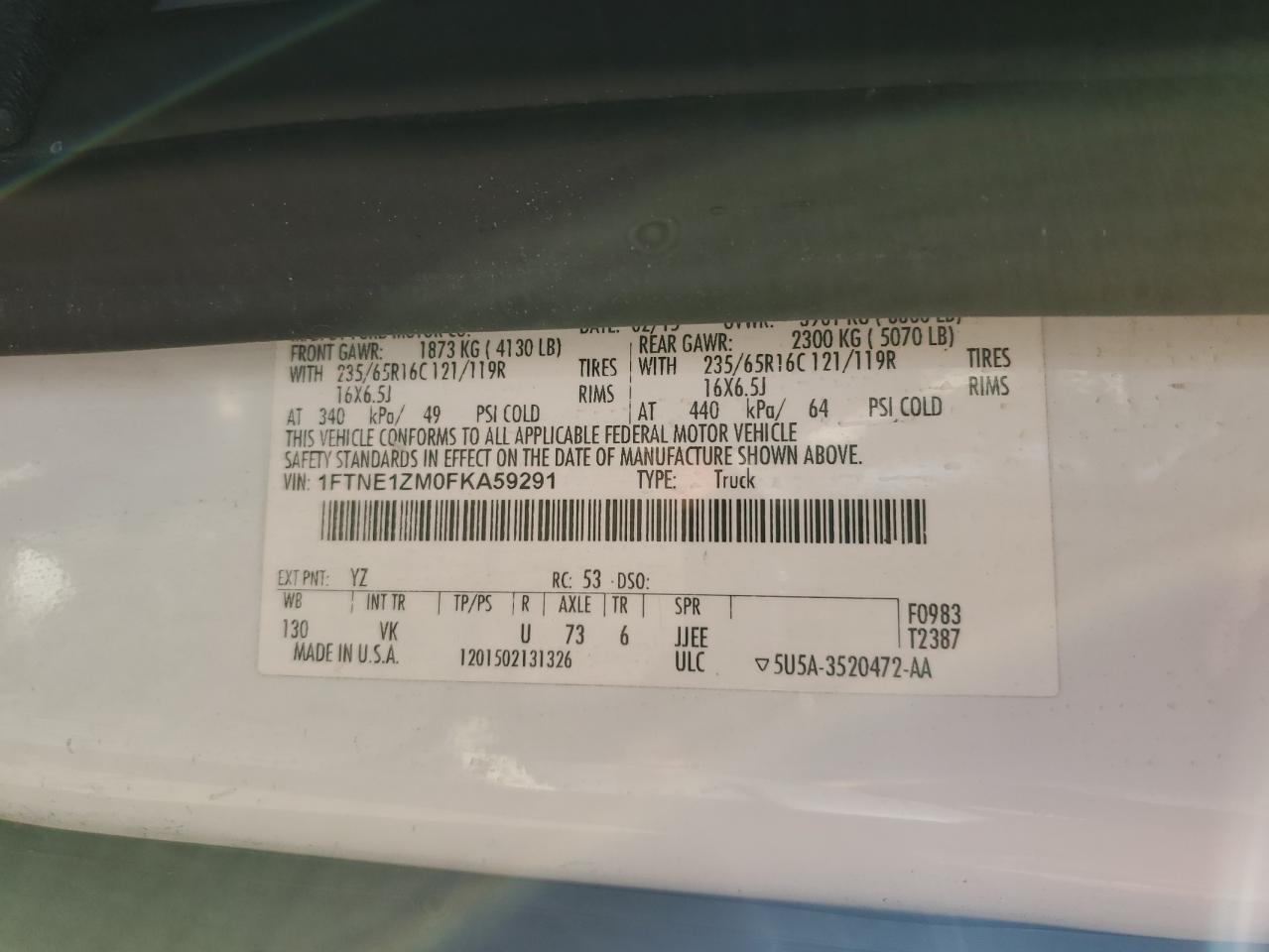 2015 Ford Transit VIN 1FTNE1ZM0FKA59291 Copart auction photo, rear end damage thumbnail 13