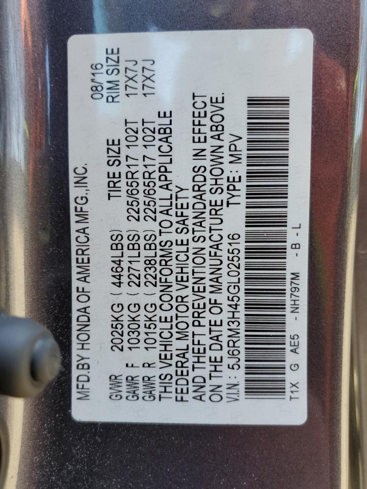 2016 Honda CR-V VIN 5J6RM3H45GL025516 Copart auction photo, water/flood / front end damage thumbnail 13