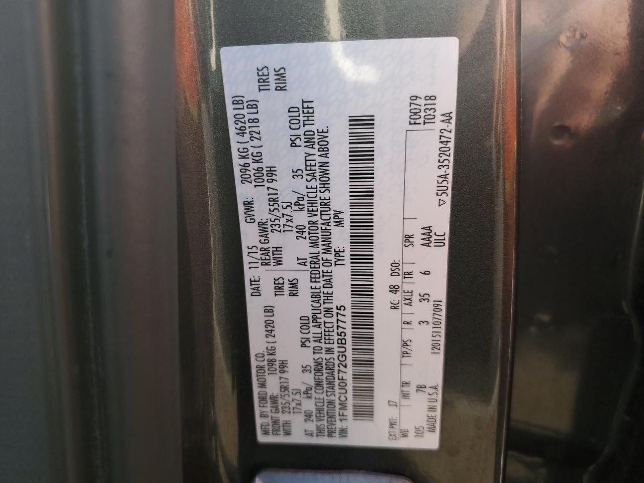 2016 Ford Escape VIN 1FMCU0F72GUB57775 Copart auction photo, front end damage thumbnail 15