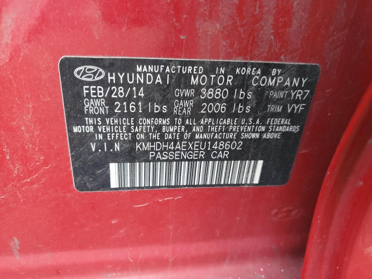 2014 Hyundai Elantra VIN KMHDH4AEXEU148602 Copart auction photo, vandalism / minor dent/scratches damage thumbnail 12