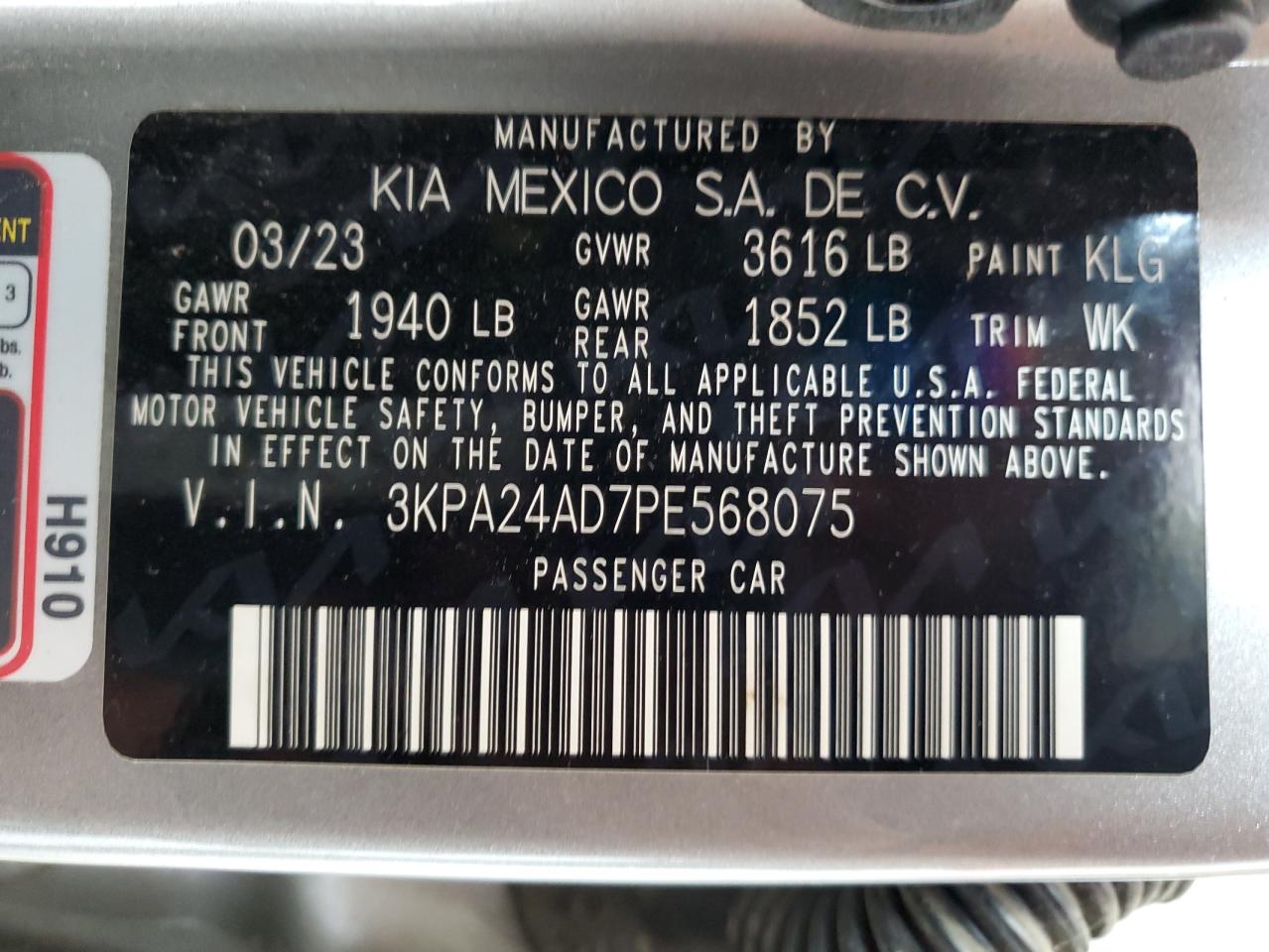 2023 KIA Rio VIN 3KPA24AD7PE568075 Copart auction photo, front end / side damage thumbnail 12
