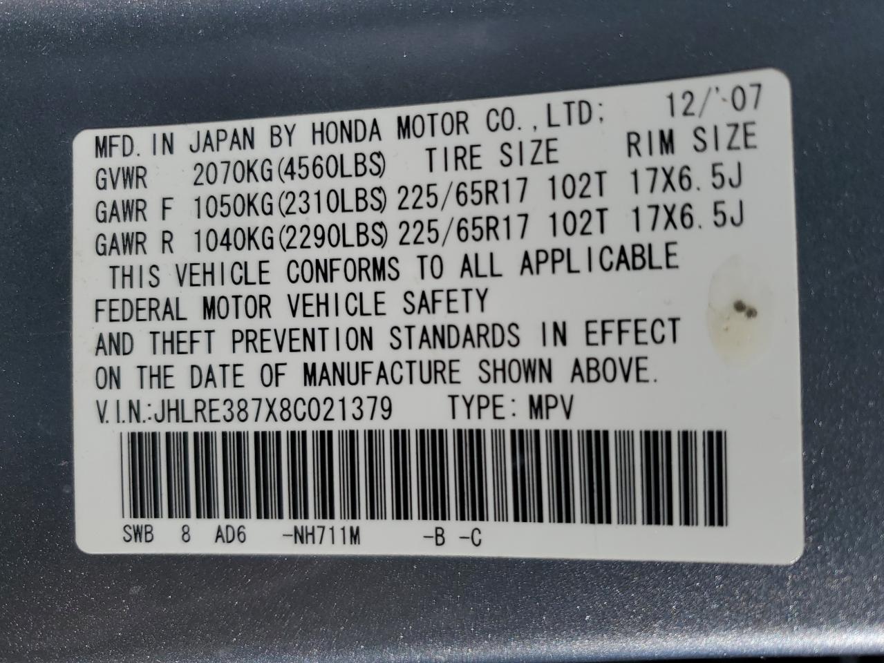 2008 Honda CR-V VIN JHLRE387X8C021379 Copart auction photo, rear end damage thumbnail 13