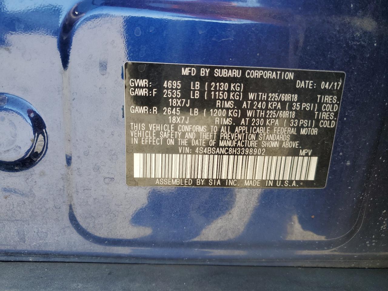 2017 Subaru Outback VIN 4S4BSANC8H3398902 Copart auction photo, front end damage thumbnail 12