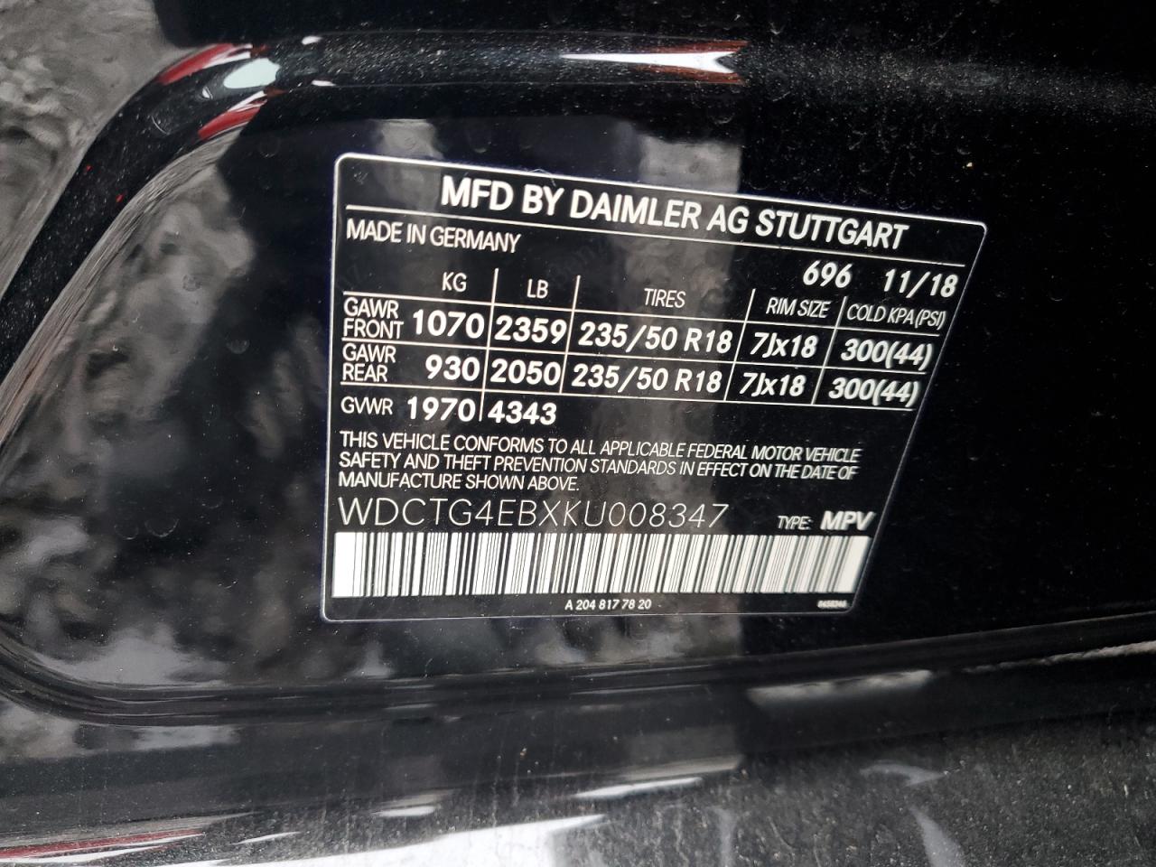 2019 Mercedes-Benz GLA-klasse VIN WDCTG4EBXKU008347 Copart auction photo, front end damage thumbnail 13