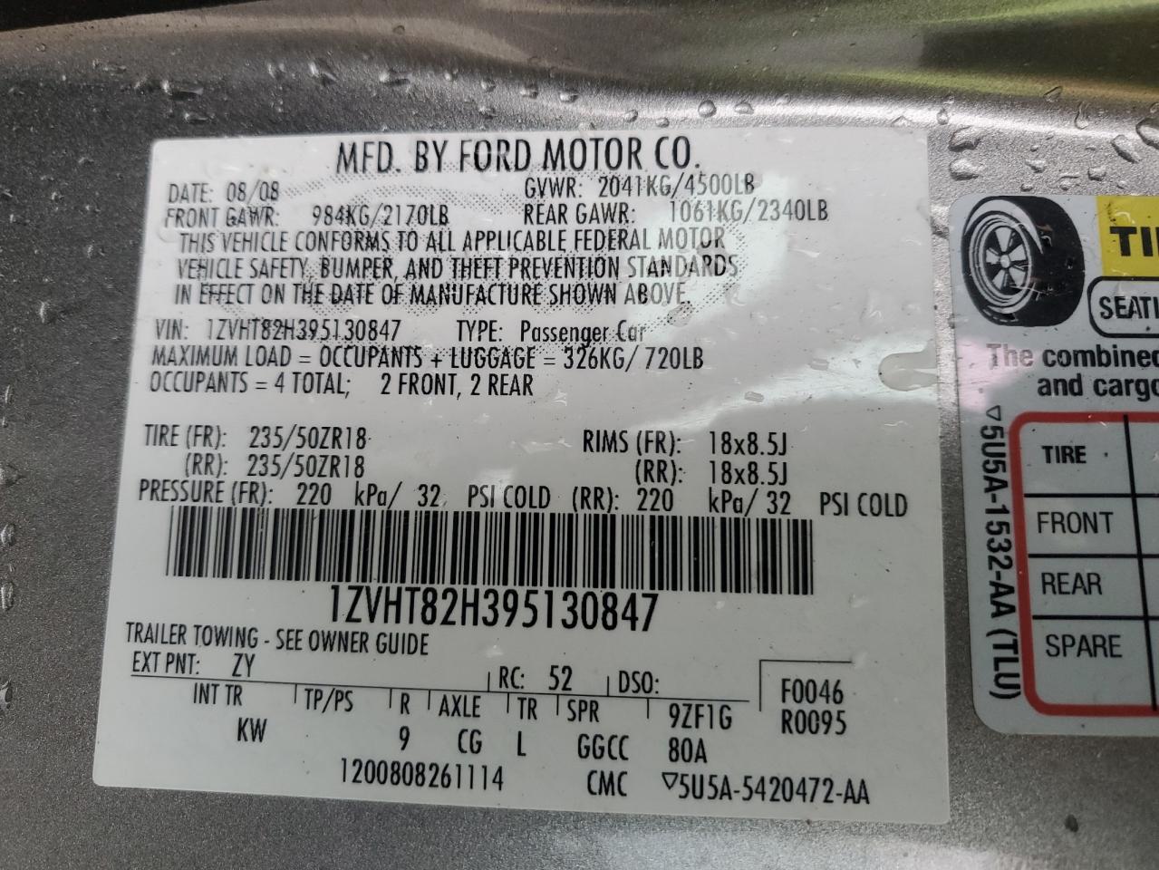 2009 Ford Mustang VIN 1ZVHT82H395130847 Copart auction photo, rear end damage thumbnail 13