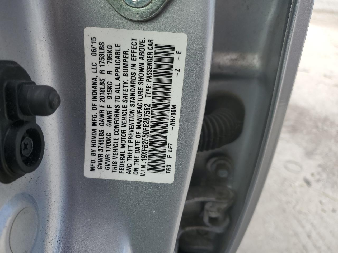 2015 Honda Civic VIN 19XFB2F50FE267562 Copart auction photo, side damage thumbnail 12