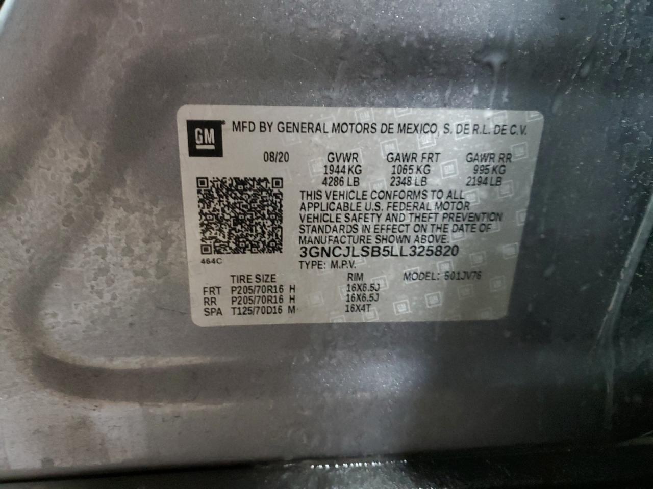 2020 Chevrolet Trax VIN 3GNCJLSB5LL325820 Copart auction photo, front end damage thumbnail 12