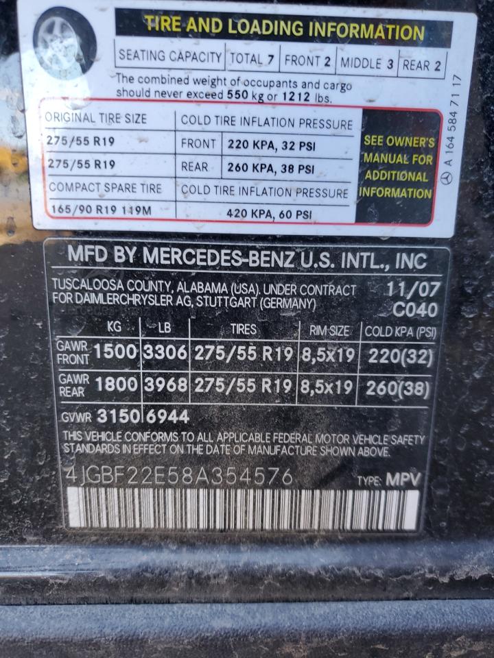 2008 Mercedes-Benz GL-klasse VIN 4JGBF22E58A354576 Copart auction photo, vandalism damage thumbnail 13