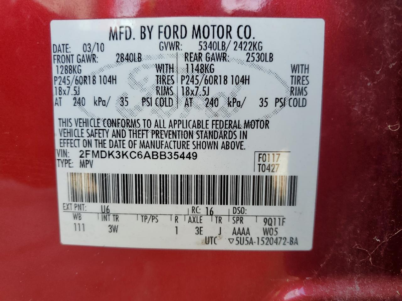 2010 Ford Edge VIN 2FMDK3KC6ABB35449 Copart auction photo, mechanical damage thumbnail 12