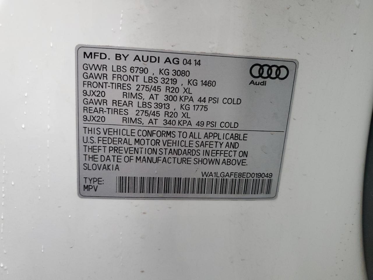 2014 Audi Q7 VIN WA1LGAFE8ED019049 Copart auction photo, minor dent/scratches damage thumbnail 13