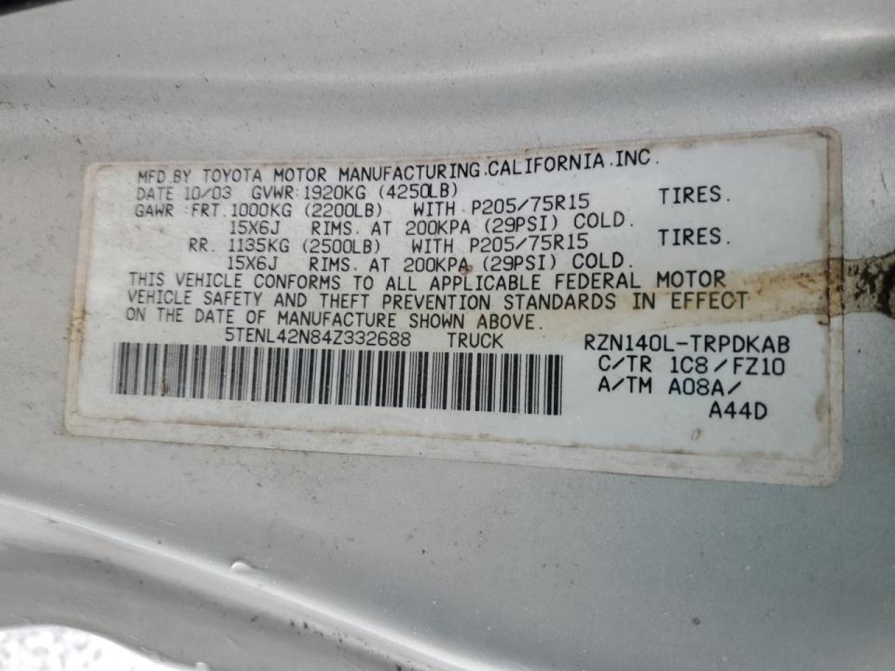 2004 Toyota Tacoma VIN 5TENL42N84Z332688 Copart auction photo, front end / mechanical damage thumbnail 12