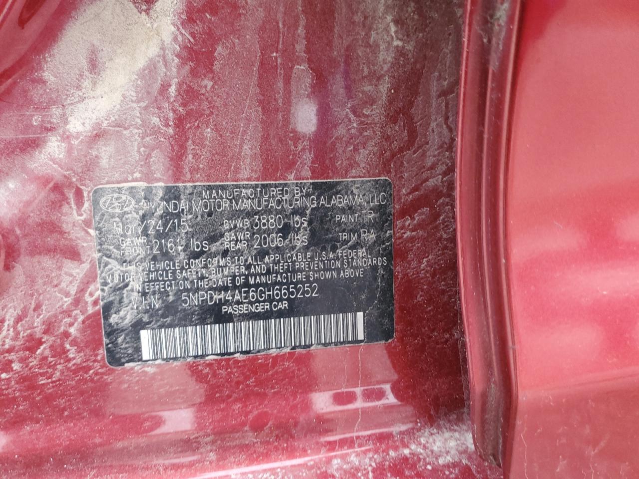 2016 Hyundai Elantra VIN 5NPDH4AE6GH665252 Copart auction photo, side damage thumbnail 14