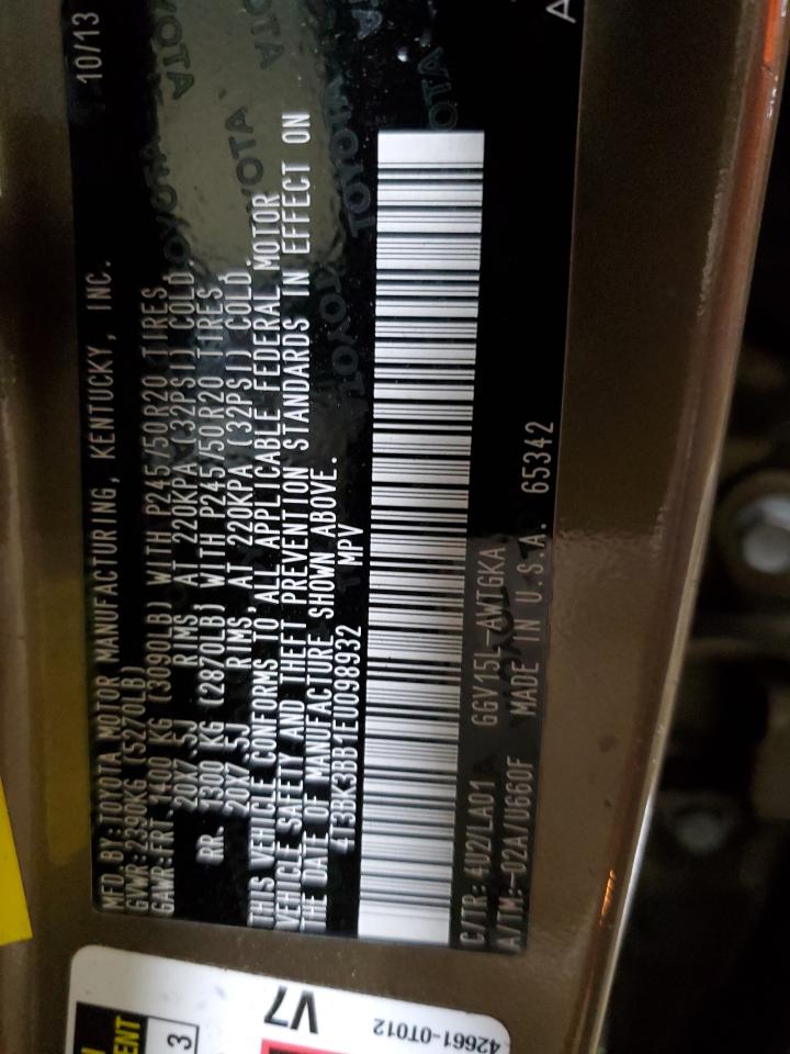 2014 Toyota Venza VIN 4T3BK3BB1EU098932 Copart auction photo, front end damage thumbnail 14
