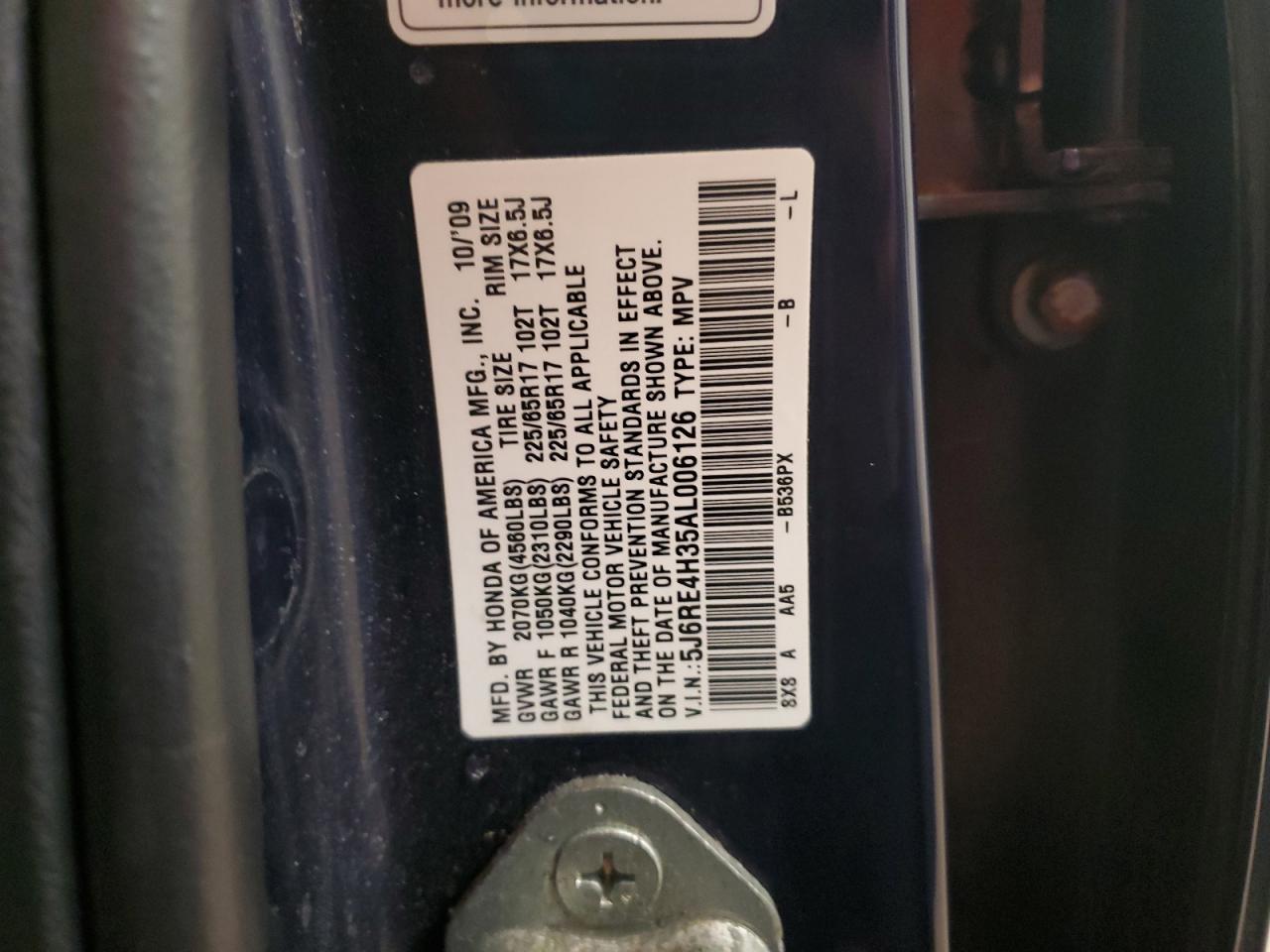 2010 Honda CR-V VIN 5J6RE4H35AL006126 Copart auction photo, front end damage thumbnail 13